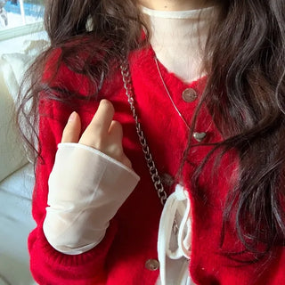 Anna wave-neck loose fit vintage wool knit loose cardigan