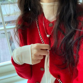 Anna wave-neck loose fit vintage wool knit loose cardigan