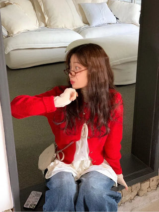 Anna wave-neck loose fit vintage wool knit loose cardigan
