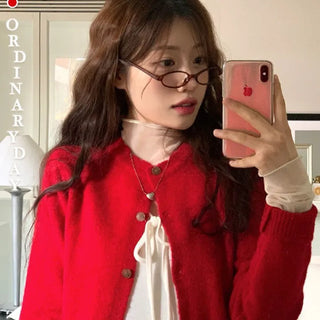 Anna wave-neck loose fit vintage wool knit loose cardigan