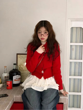 Anna wave-neck loose fit vintage wool knit loose cardigan