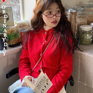 Anna wave-neck loose fit vintage wool knit loose cardigan