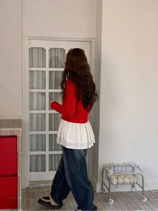 Anna wave-neck loose fit vintage wool knit loose cardigan