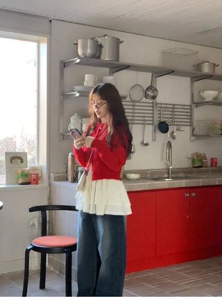 Anna wave-neck loose fit vintage wool knit loose cardigan