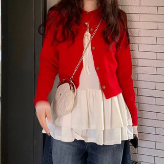 Anna wave-neck loose fit vintage wool knit loose cardigan