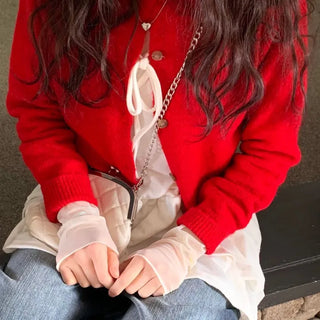 Anna wave-neck loose fit vintage wool knit loose cardigan