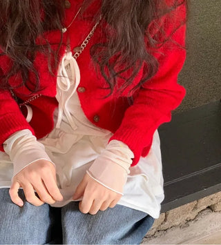Anna wave-neck loose fit vintage wool knit loose cardigan