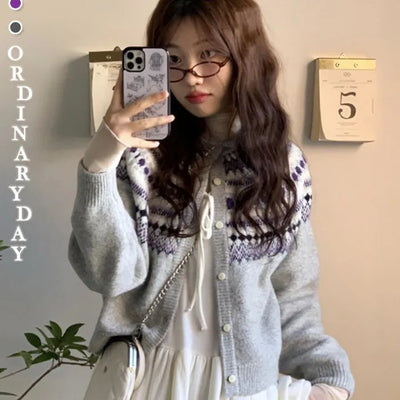 Kazumi Vintage Jacquard Color Mix Round Neck Knit Cardigan