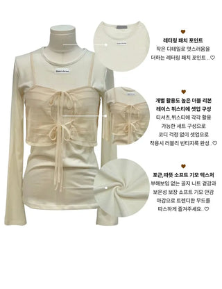 Lian Ribbon Bustier Fleece Long Sleeve Round Neck Long Sleeve T-shirt Set