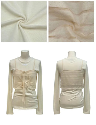 Lian Ribbon Bustier Fleece Long Sleeve Round Neck Long Sleeve T-shirt Set