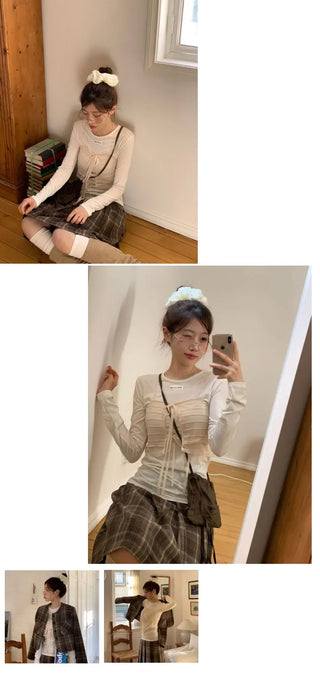 Lian Ribbon Bustier Fleece Long Sleeve Round Neck Long Sleeve T-shirt Set