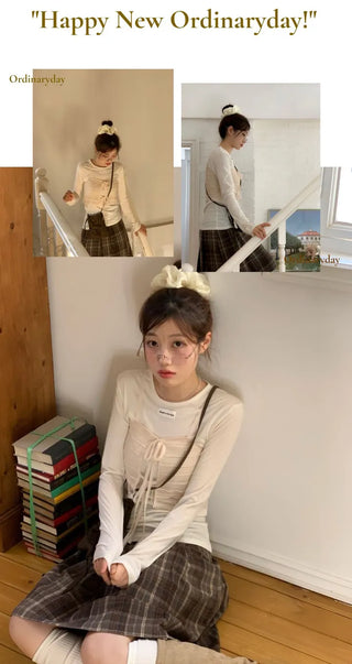 Lian Ribbon Bustier Fleece Long Sleeve Round Neck Long Sleeve T-shirt Set