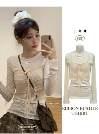 Lian Ribbon Bustier Fleece Long Sleeve Round Neck Long Sleeve T-shirt Set