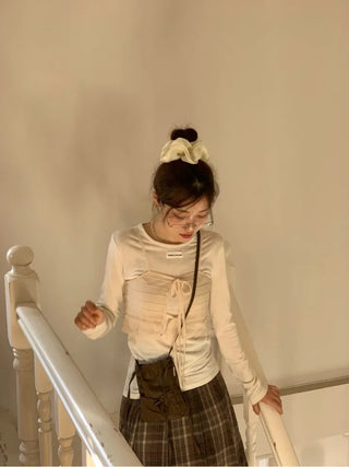 Lian Ribbon Bustier Fleece Long Sleeve Round Neck Long Sleeve T-shirt Set