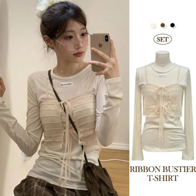 Lian Ribbon Bustier Fleece Long Sleeve Round Neck Long Sleeve T-shirt Set