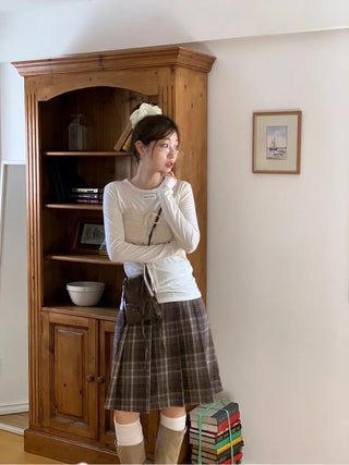 Lian Ribbon Bustier Fleece Long Sleeve Round Neck Long Sleeve T-shirt Set