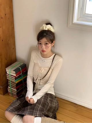 Lian Ribbon Bustier Fleece Long Sleeve Round Neck Long Sleeve T-shirt Set