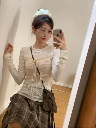 Lian Ribbon Bustier Fleece Long Sleeve Round Neck Long Sleeve T-shirt Set