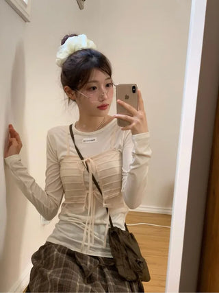 Lian Ribbon Bustier Fleece Long Sleeve Round Neck Long Sleeve T-shirt Set