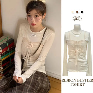 Lian Ribbon Bustier Fleece Long Sleeve Round Neck Long Sleeve T-shirt Set