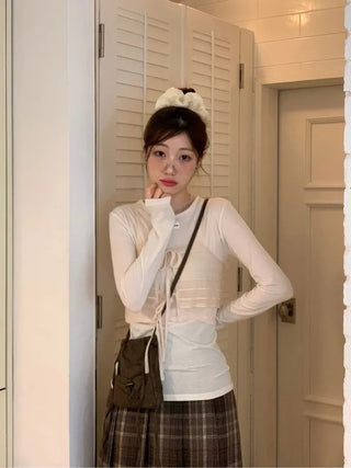 Lian Ribbon Bustier Fleece Long Sleeve Round Neck Long Sleeve T-shirt Set