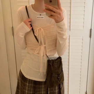 Lian Ribbon Bustier Fleece Long Sleeve Round Neck Long Sleeve T-shirt Set