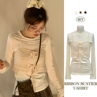 Lian Ribbon Bustier Fleece Long Sleeve Round Neck Long Sleeve T-shirt Set