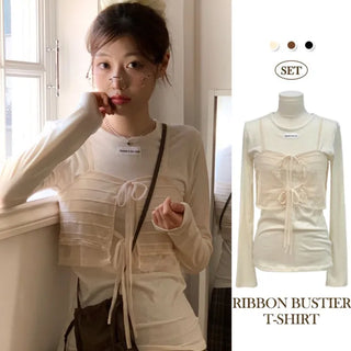 Lian Ribbon Bustier Fleece Long Sleeve Round Neck Long Sleeve T-shirt Set