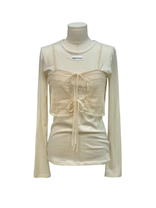 Lian Ribbon Bustier Fleece Long Sleeve Round Neck Long Sleeve T-shirt Set