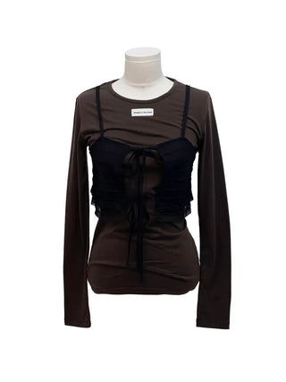 Lian Ribbon Bustier Fleece Long Sleeve Round Neck Long Sleeve T-shirt Set