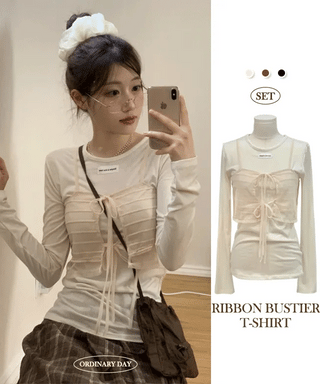 Lian Ribbon Bustier Fleece Long Sleeve Round Neck Long Sleeve T-shirt Set