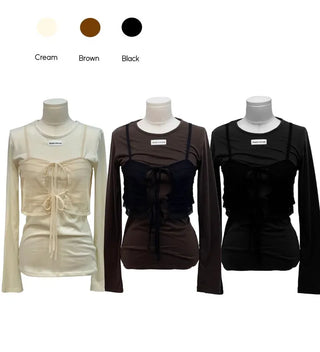 Lian Ribbon Bustier Fleece Long Sleeve Round Neck Long Sleeve T-shirt Set
