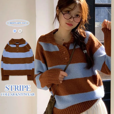 Our Stripe Collar Neck Button-Up Loose Fit Patterned Shibori Knit