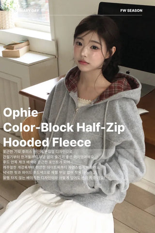 Office Check Color Block Hoodie Half-zip Long Sleeve Fleece