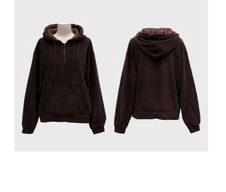 Office Check Color Block Hoodie Half-zip Long Sleeve Fleece