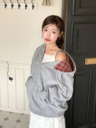 Office Check Color Block Hoodie Half-zip Long Sleeve Fleece