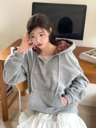 Office Check Color Block Hoodie Half-zip Long Sleeve Fleece