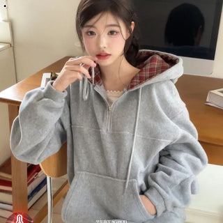 Office Check Color Block Hoodie Half-zip Long Sleeve Fleece