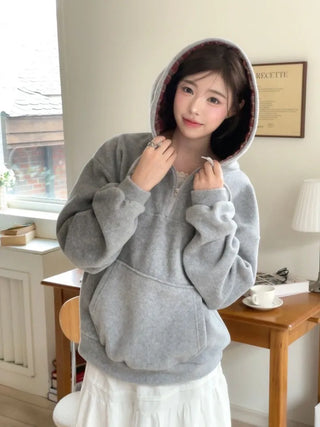 Office Check Color Block Hoodie Half-zip Long Sleeve Fleece