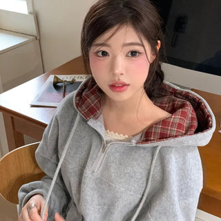 Office Check Color Block Hoodie Half-zip Long Sleeve Fleece