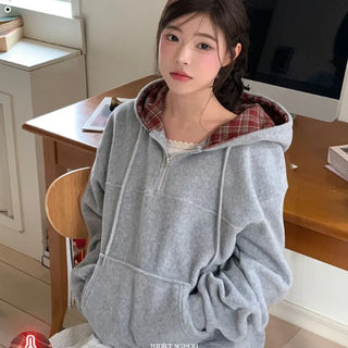 Office Check Color Block Hoodie Half-zip Long Sleeve Fleece