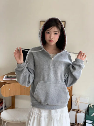 Office Check Color Block Hoodie Half-zip Long Sleeve Fleece