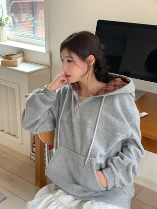 Office Check Color Block Hoodie Half-zip Long Sleeve Fleece