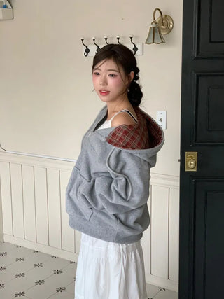 Office Check Color Block Hoodie Half-zip Long Sleeve Fleece