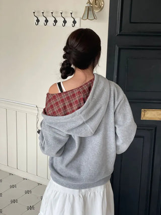 Office Check Color Block Hoodie Half-zip Long Sleeve Fleece