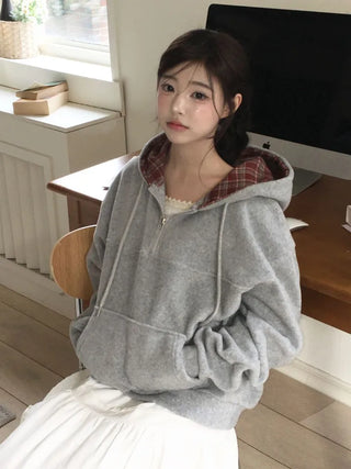 Office Check Color Block Hoodie Half-zip Long Sleeve Fleece