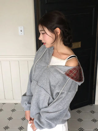 Office Check Color Block Hoodie Half-zip Long Sleeve Fleece