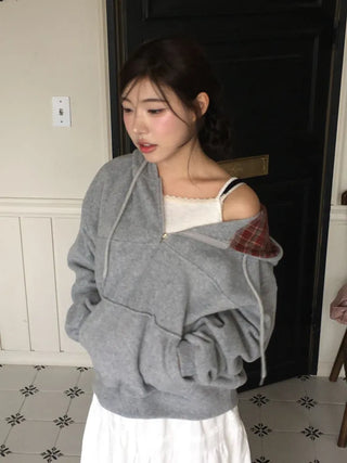 Office Check Color Block Hoodie Half-zip Long Sleeve Fleece