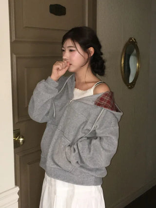 Office Check Color Block Hoodie Half-zip Long Sleeve Fleece