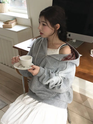 Office Check Color Block Hoodie Half-zip Long Sleeve Fleece